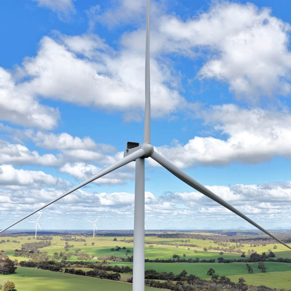 Wind turbine above farmland in the Central West Orana Renewable Energy Zone