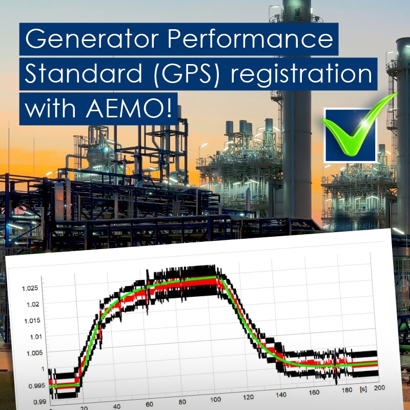 Graphic: Generator Performance Standard (GPS) registration with AEMO, over an industrial plant at sunset